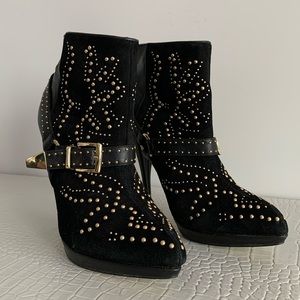 Bebe Black leather and gold studded booties